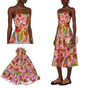 FARM Rio Pink Tropical Leaf Print Midi Dress